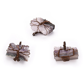 Natural Amethyst Pendants, Wire Wrapped Pendants, with Red Copper Brass Wires, Rectangle with Tree, 30~40x32~43x13.5~16mm, Hole: 4~5mm