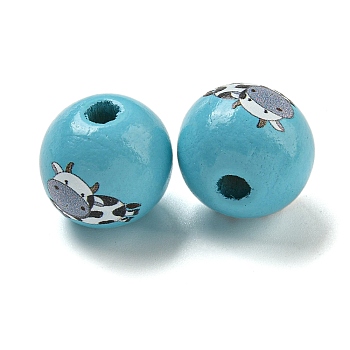 Natural Wood European Beads, Large Hole Beads, Round with Cow Pattern, Sky Blue, 16mm, Hole: 4mm
