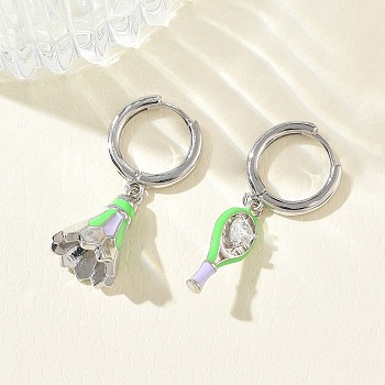 Brass Micro Pave Cubic Zirconia Dangle Hoop Earrings for Women, Badminton, with Enamel, Rack Plating, Long-Lasting Plated, Lead Free & Cadmium Free, Platinum, Lime Green, 32mm