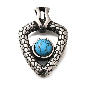 304 Stainless Steel Pendants, with Synthetic Turquoise, Triangle with Eye Charms, Antique Silver, 43.5x29.5x12mm, Hole: 6.5x5.5mm