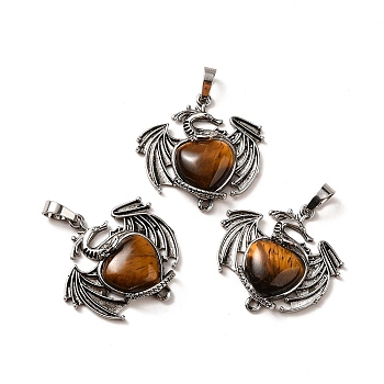 Natural Tiger Eye Heart Pendants, Dragon Charms, with Rack Plating Antique Silver Plated Brass Findings, Lead Free & Cadmium Free, 33x33.5~34x7~7.5mm, Hole: 8x5mm