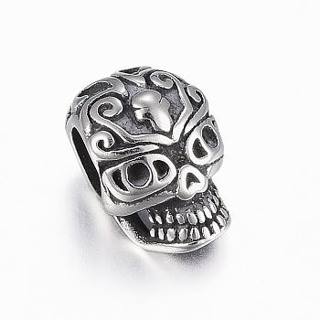 316 Surgical Stainless Steel European Beads, Skull, Antique Silver, 12x8.5x8mm, Hole: 4.5mm