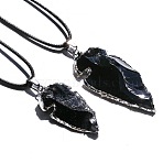Electroplated Raw Natural Black Obsidian Arrowhead Pendant Necklaces with Imitation Leather Cord, Platinum, 13.78 inch(35cm)~19.69 inch(50cm)(CV2982-2)