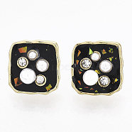 (Jewelry Parties Factory Sale)Rhombus Alloy Enamel Stud Earrings, with Cupronickel Pin and Shell, Crystal Rhinestone and ABS Plastic Imitation Pearl, Golden, Black, 14x13mm, Pin: 0.7mm(EJEW-N009-08A)