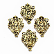 Tibetan Style Alloy Chandelier Component Links, 3 Loop Connectors, Chandelier Component Links, 3 Loop Connectors, for Religion, Cadmium Free & Lead Free, Oval with Virgin Mary & Words, Antique Golden, 29x20x3mm, Hole: 1.8mm and 1mm, about 298~310pcs/1000g(TIBE-N011-002AG-RS)
