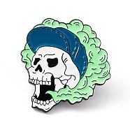 Skull with Flame Enamel Pin, Electrophoresis Black Alloy Punk Brooch for Backpack Clothes, Pale Green, 30x28x2mm, Pin: 1.2mm(JEWB-A005-18-02)