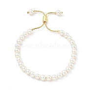 Shell Pearl Beaded Slider Bracelet with Brass Snake Chain, Lead Free & Cadmium Free, Real 18K Gold Plated, Beads: 6mm, Inner Diameter: 1-3/4~2-5/8 inch(4.35~6.65cm)(BJEW-B066-01B-01)