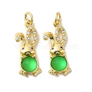 Rack Plating Brass Micro Pave Cubic Zirconia Jade Pendants, with Jump Ring, Long-Lasting Plated, Lead Free & Cadmium Free, Real 18K Gold Plated, Rabbit, Lime Green, 23x9x5mm, Hole: 3.5mm(KK-K377-92G-02)