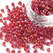 6/0 Round Glass Seed Beads, Transparent Colours Rainbow, Round Hole, Red, 6/0, 4mm, Hole: 1.5mm, about 500pcs/50g, 50g/bag, 18bags/2pounds(SEED-US0003-4mm-165)