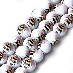 Printed & Spray Painted Glass Beads, Round with Bee Pattern, Rosy Brown, 12~12.5x11.5mm, Hole: 1.4mm(GLAA-S047-01C)