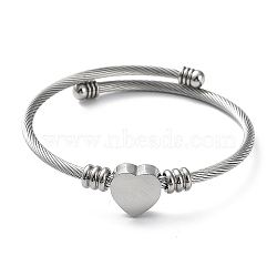 304 Stainless Steel Cuff Bangle with 201 Stainless Steel Heart Beaded, Stainless Steel, Inner Diameter: 2-1/4 inch(5.55~5.8cm)(BJEW-Z014-01P)