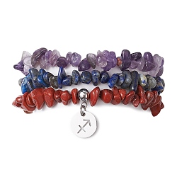 3Pcs 3 Styles Natural Amethyst & Lapis Lazuli &  Red Jasper Chips Stretch Bracelets Sets, Stackbale Bracelets with 304 Stainless Steel Charms, Sagittarius, Inner Diameter: 2-1/8 inch(5.5cm), 1Pc/style(BJEW-JB11076-11)