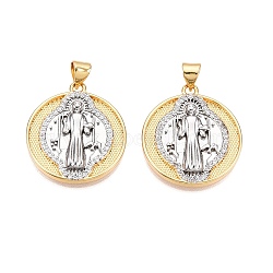 Brass Micro Pave Cubic Zirconia Pendants, Flat Round with Saint Jude Charms, Real 18K Gold Plated, 24x21.5x3.5mm, Hole: 3x5mm(KK-T070-26G)