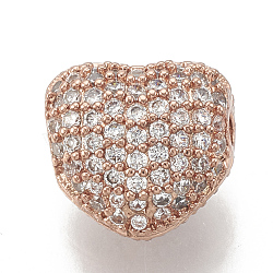 Brass Micro Pave Cubic Zirconia Beads, Heart, Clear, Rose Gold, 9x8x6mm, Hole: 1.2mm(ZIRC-T006-11RG)