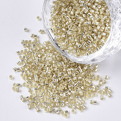 11/0 Grade A Glass Seed Beads, Cylinder, Uniform Seed Bead Size, Silver Lined, Pale Goldenrod, 1.5x1mm, Hole: 0.5mm, about 20000pcs/bag(SEED-S030-42L)