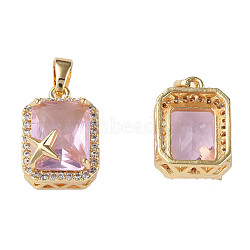Brass Inlaid Cubic Zirconia Charms, with Brass Snap on Bails, Real 18K Gold Plated, Nickel Free, Rectangle with Star, Pink, 15x10.5x8mm, Hole: 2.5x4mm(KK-N233-248A)