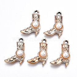 UV Plating Acrylic Pendants Rhinestone Settings, with Creamy White ABS Plastic Imitation Pearl Beads, Boots, Light Gold, Fit for 1mm Rhinestone, 26x19x8mm, Hole: 2.5mm(OACR-Q180-020)