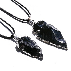 Electroplated Raw Natural Black Obsidian Arrowhead Pendant Necklaces with Imitation Leather Cord, Platinum, 13.78 inch(35cm)~19.69 inch(50cm)(CV2982-2)