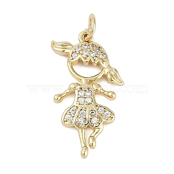 Rack Plating Brass Micro Pave Cubic Zirconia Pendant, Lead Free & Cadmium Free, Long-Lasting Plated, Ballet Girl Charms, with Jump Ring, Real 18K Gold Plated, 24.5x13.5x2.5mm(KK-H509-28G)