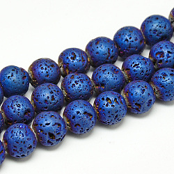 Electroplate Natural Lava Rock Beads Strands, Matte Style, Round, Blue Plated, 8x8.5mm, Hole: 1mm, about 48pcs/strand, 15.3 inch(X-G-T058-03B)