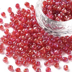 6/0 Round Glass Seed Beads, Transparent Colours Rainbow, Round Hole, Red, 6/0, 4mm, Hole: 1.5mm, about 500pcs/50g, 50g/bag, 18bags/2pounds(SEED-US0003-4mm-165)