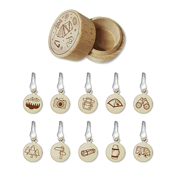 20Pcs 10 Style Round Wood Locking Stitch Markers, with Gourd Safety Pins & 2Pcs Storage Box, Mountain, Box: 5.5cm, Marker: 20mm