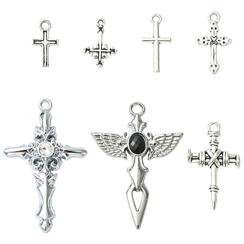 7Pcs 7 Styles Tibetan Style Alloy Pendants, Cross Charms, Antique Silver, 15.5~54.5x8~36x1~6mm, Hole: 1~3.5mm, 1pc/style