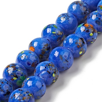 Handmade Lampwork Beads Strand, Round, Blue, 10x9~10mm, Hole: 1.2mm, about 40pcs/strand, 14.76 inch(37.5cm)