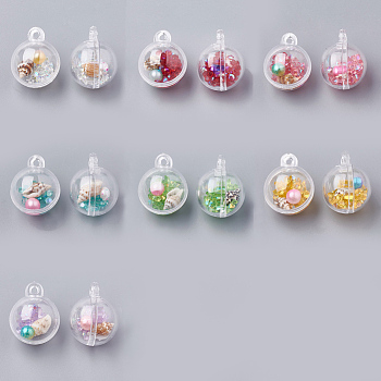 Openable Plastic Pendants, with ABS Plastic Imitation Pearl, Resin Rhinestones and Shell Beads Inside, Round, Mixed Color, 25.5x20mm, Hole: 2mm