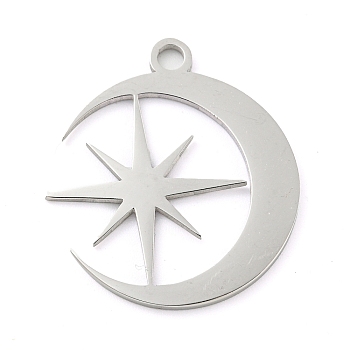 304 Stainless Steel Pendants, Laser Cut, Stainless Steel Color, Flat Round Charm, Star, 25.5x22.5x1mm, Hole: 2.5mm