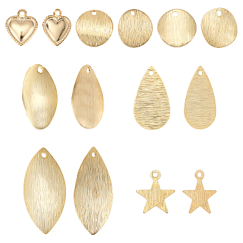 SUPERFINDINGS 56Pcs 7 Style Brass Pendants, Mixed Shapes, Real 24K Gold Plated, 9.5~23x8~11x0.5~1mm, Hole: 1~1.2mm, 8pcs/style