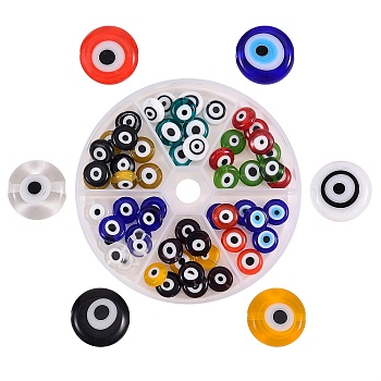 72Pcs 12 Colors Handmade Evil Eye Lampwork Beads, Flat Round, Mixed Color, 12x5mm, Hole: 1mm, 6pcs/color