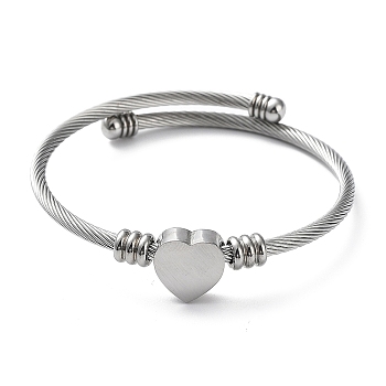 304 Stainless Steel Cuff Bangle with 201 Stainless Steel Heart Beaded, Stainless Steel, Inner Diameter: 2-1/4 inch(5.55~5.8cm)