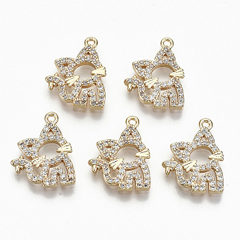 Brass Micro Pave Clear Cubic Zirconia Pendants, Nickel Free, Cat, Real 18K Gold Plated, 16x13x2mm, Hole: 1mm