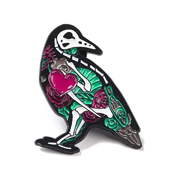 Skeleton Parrot with Heart Enamel Pin for Halloween, Animal Alloy Badge for Backpack Clothing, Electrophoresis Black, Colorful, 36x32.5x1.5mm, Pin: 1mm