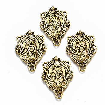 Tibetan Style Alloy Chandelier Component Links, 3 Loop Connectors, Chandelier Component Links, 3 Loop Connectors, for Religion, Cadmium Free & Lead Free, Oval with Virgin Mary & Words, Antique Golden, 29x20x3mm, Hole: 1.8mm and 1mm, about 298~310pcs/1000g
