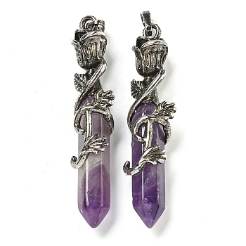 Natural Amethyst Faceted Double Termimal Pointed Big Pendants, Hexagonal Prism Charms with Alloy Rose Wrapped, Antique Silver, 59.5x14x10.5mm, Hole: 6.5x4.5mm