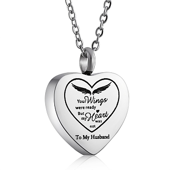 Stainless Steel Heart Urn Ashes Pendant Necklace, Word To My Husband Memorial Jewelry for Men Women, Stainless Steel Color, 19.69 inch(50cm)