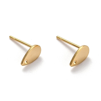 304 Stainless Steel Stud Earring Findings, with Flat Plate, Teardrop, Real 24K Gold Plated, 8x5x0.9mm, Hole: 1.2mm, Pin: 0.8mm