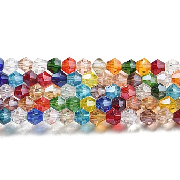 Transparent Electroplate Glass Beads Strands, Pearl Luster Plated, Faceted, Bicone, Colorful, 4x4mm, Hole: 0.8mm, about 87~98pcs/strand, 12.76~14.61 inch(32.4~37.1cm)