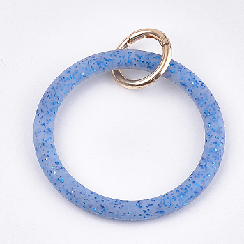 Silicone Bangle Keychains, with Alloy Spring Gate Rings and Glitter Powder, Light Gold, Cornflower Blue, 116mm