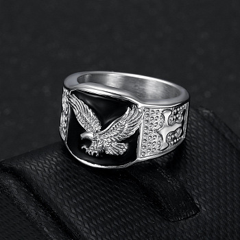 304 Stainless Steel and Enamel Finger Rings for Men, Eagle, Stainless Steel Color, US Size 11(20.6mm)