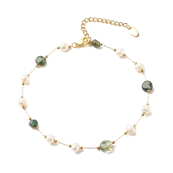 Natural Moss Agate & Pearl Beaded Anklet, Gold Plated Stainless Steel Jewelry for Women, 9.65~9.92 inch(245~252mm)