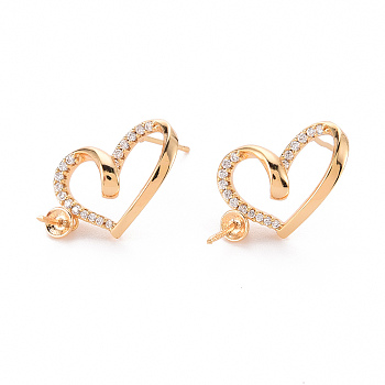 Brass Micro Pave Clear Cubic Zirconia Earring Findings, for Half Drilled Beads, Nickel Free, Heart, Real 18K Gold Plated, 25x13mm, Pin: 0.8mm, Pin: 0.8mm(for Half Drilled Beads)