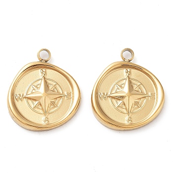 304 Stainless Steel Pendants, Compass Charm, Real 14K Gold Plated, 17.5x15x2.4mm, Hole: 2mm