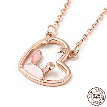 Enamel Heart with Rabbit Pendant Necklace, 925 Sterling Silver Jewelry for Women, Rose Gold, 16.02 inch(40.7cm)
