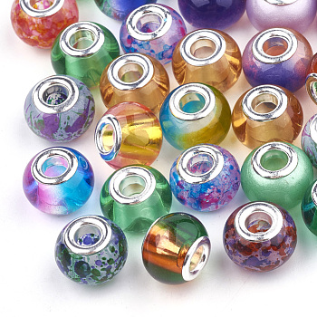 Glass European Beads, Large Hole Beads, with Silver Color Plated Brass Cores, Rondelle, Mixed Color, 13~15x9~12mm, Hole: 5mm, about 50pcs/bag