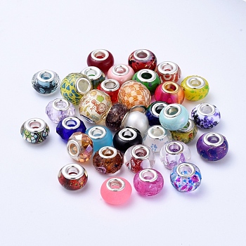 Glass & Resin European Beads, Large Hole Beads, with Silver Color Brass Core, Rondelle, Mixed Color, 13.5~15.5x8.5~15.5mm, Hole: 4.5mm