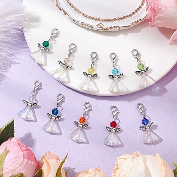 10Pcs 10 Colors Glass Angel Pendant Decoration, Alloy Clasps Charms for Bag Ornaments, Mixed Color, 37.5mm, 1pc/color