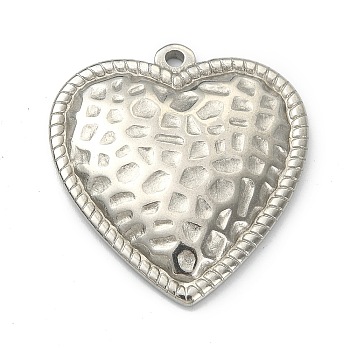 304 Stainless Steel Pendants, Textured Heart Charm, Stainless Steel Color, 27x25x3.7mm, Hole: 1.6mm